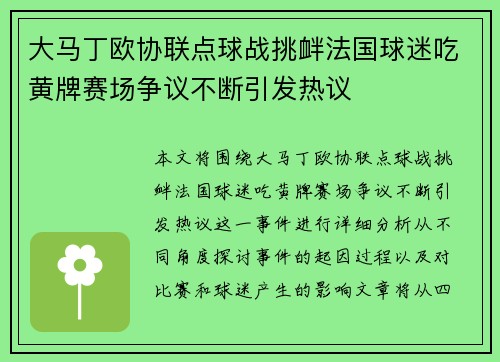 大马丁欧协联点球战挑衅法国球迷吃黄牌赛场争议不断引发热议 大马丁欧协联点球战挑衅法国球迷吃黄牌赛场争议不断引发热议