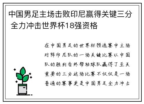 中国男足主场击败印尼赢得关键三分 全力冲击世界杯18强资格